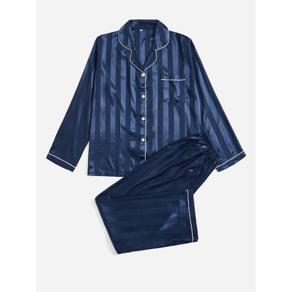 Black 2 piece pajama set: Contrast Binding striped Satin pj Set - Picture 6 of 13